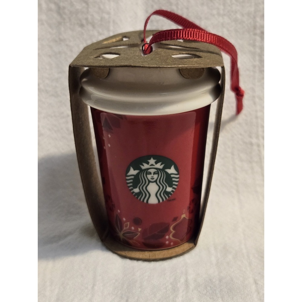 2013 Starbucks Holly Ceramic Mini Coffee To Go Cup Christmas Ornament New